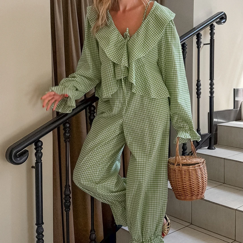 HiLoc Green Plaid Fashion Woven Inelastic Pajamas 2-Piece Ruffled Long-Sleeved Lace-Up Top Elastic Waist Full Length Pants 2026