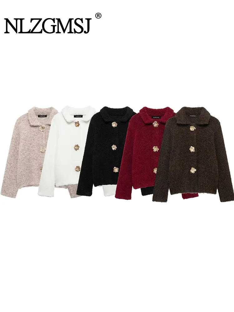 TRAF Autumn Flower Button Decorative Cardigan Top Woman Solid Color Single Breasted Short Knitted Coat Women Outerwears