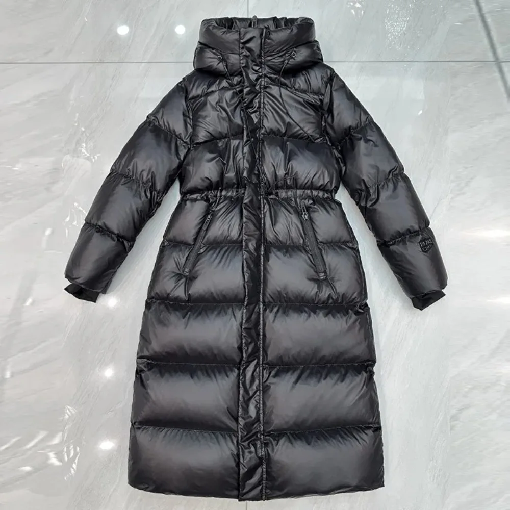 أسفل سترة الشتاء اضافية طويلة سترة منفوخة مقنعين 90% الأبيض بطة أسفل سترة المرأة سميكة جدا الدفء أسود لامع رقيق معطف #5