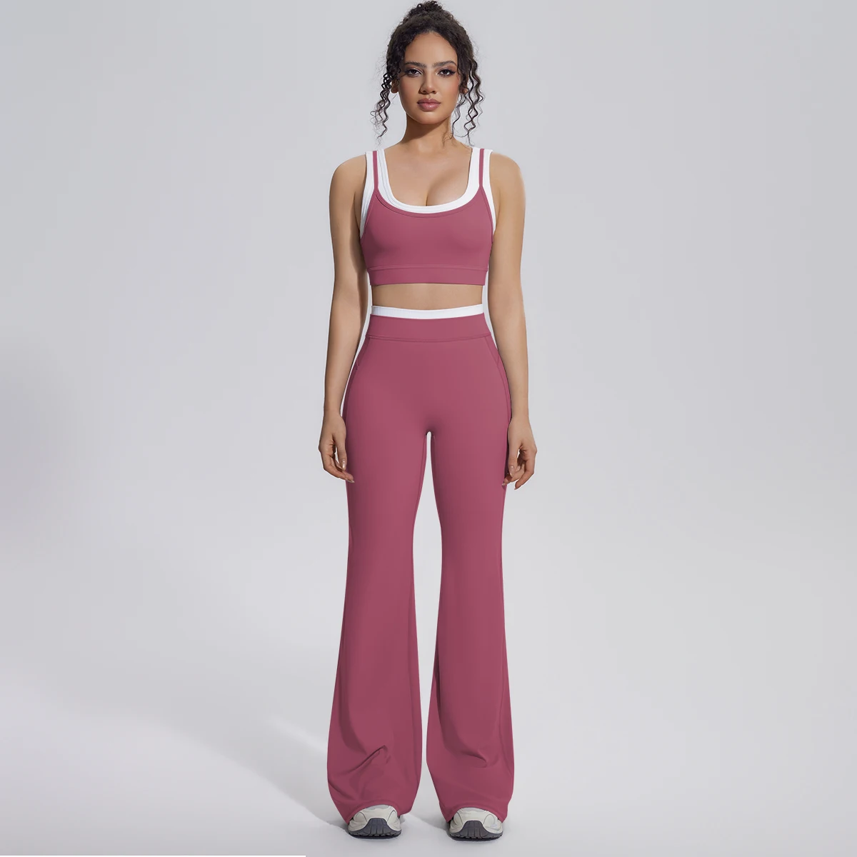 Neues Farbblock-Set mit Schönem Rücken-Yoga-BH und Weiten Hosen für Sommer, Fitness, Laufen und Workout, Hochelastisches, Lockeres Schlaghosen-Oberteil – Detail 23