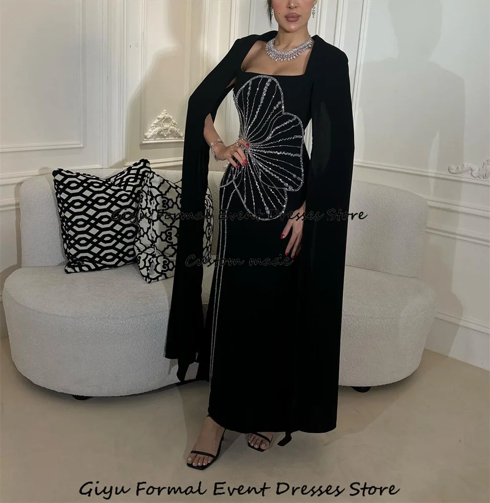 Giyu Elegant Black Prom Gown for Women Saudi Arabia Beading Ankle-Length Wedding Party Dress Evening Gown Dress