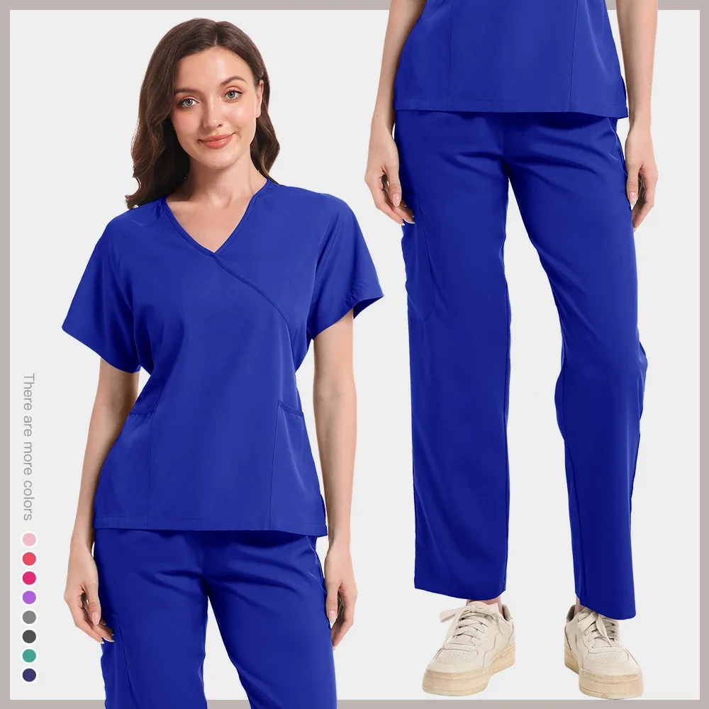 Set scrub da infermiera alla moda di alta qualità, top + pantaloni con scollo a V a maniche corte, uniforme da lavoro medica ospedaliera multicolore femminile per animali domestici