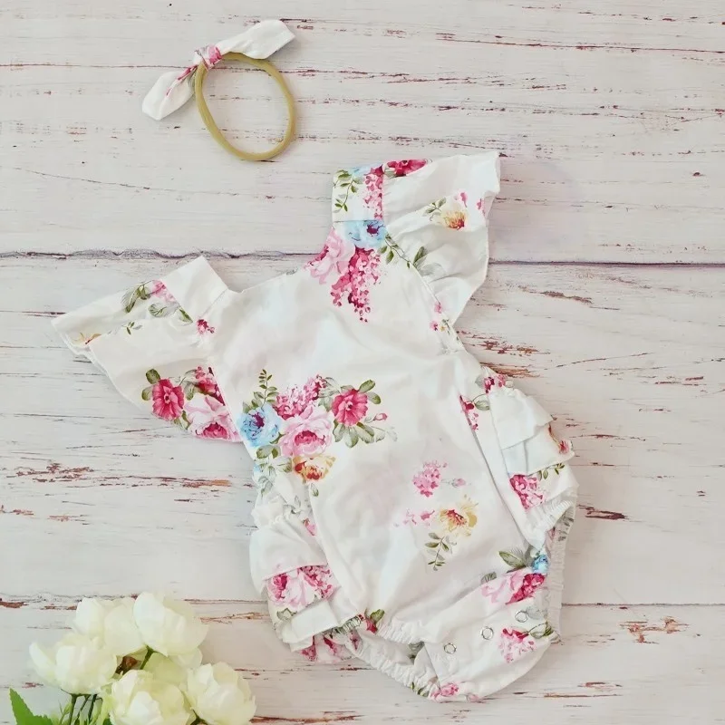 Ropa de algodón para niña, disfraces, diadema con estampado Floral, Boutique de verano para recién nacido, peleles Vintage bonitos, mono de 0 3 6 meses