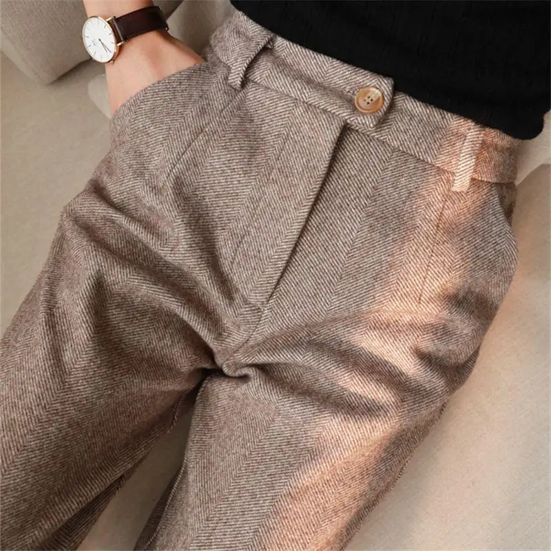 XIZOU Woolen Pants Women's Harem Pencil Pants 2025 Autumn Winter High Waisted Casual Suit Pants Office Lady Women Trousers