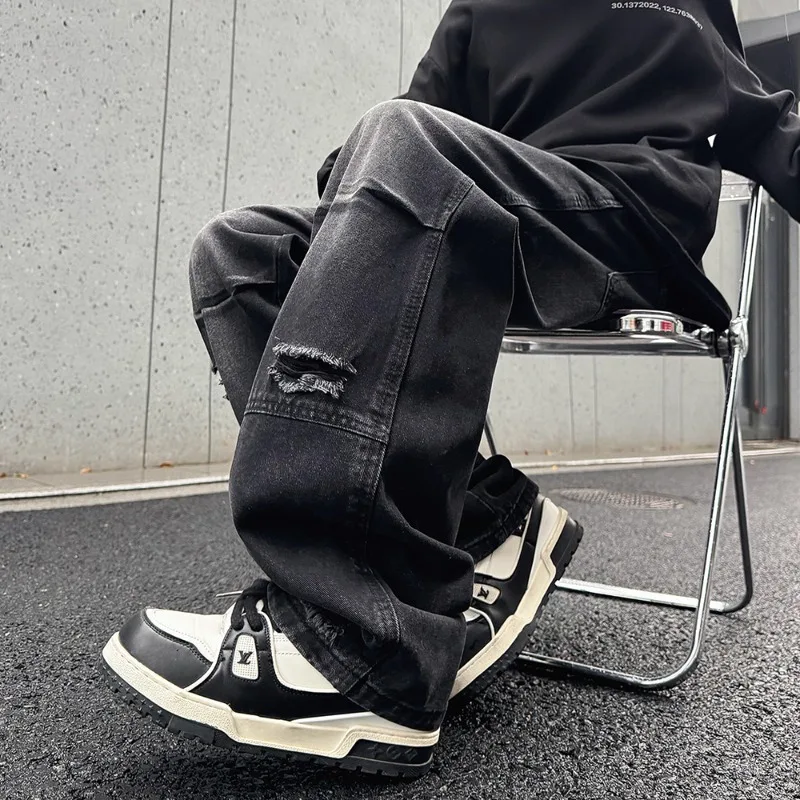 

Весенне-осенние новые мужские прямые джинсы, модные свободные брюки в стиле хип-хоп, уличная одежда, рваные складки с дырками, сращенные ​ ​ джинсовые брюки