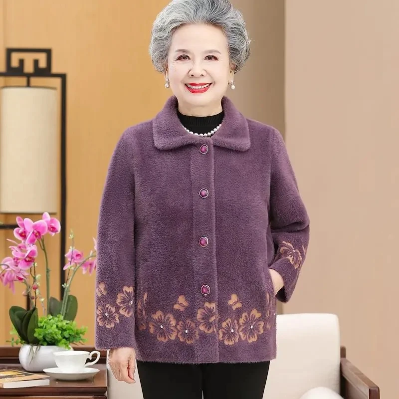 Elderly People Autumn Winter Coat Large Size Grandma\'s Imitation Mink Velvet Sweater Women\'s Knitted Cardigan Jacket Mother Tops