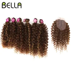 Bella Afro-extensiones de pelo sintético rizado, 6 mechones con 1 Cierre, 7 unidades por lote, Color degradado, 16-20 pulgadas