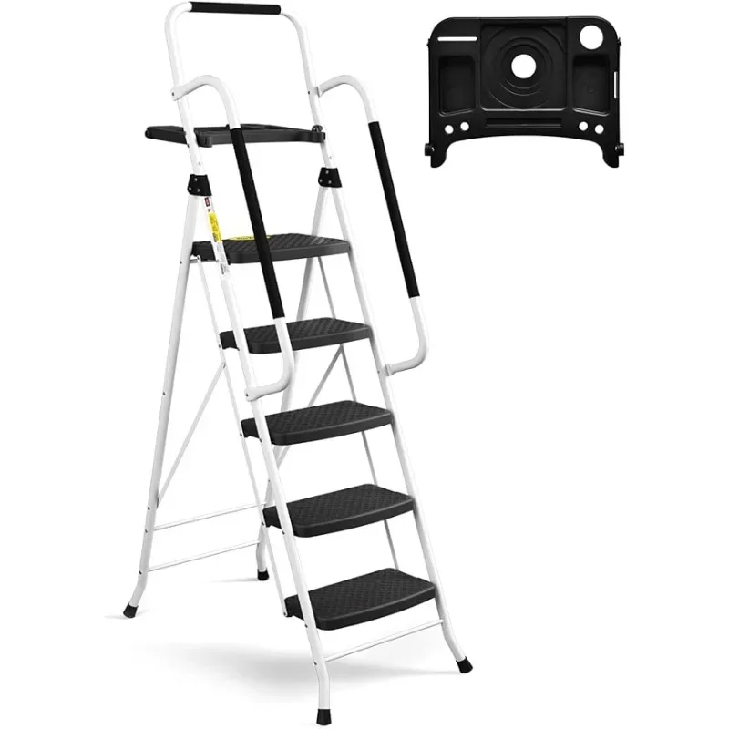 

5 Step Ladder with Handrails Folding Stool with Tool Platform Sturdy& Portable Steel Ladder for Adults 330LBS US