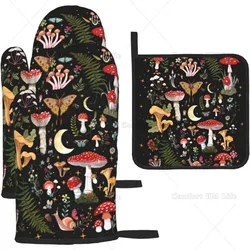 Cute Mushroom Oven Mitts and Pot Holders Sets of 3 Funny Black Gothic Witchy Heat Resistant Non Slip for Cooking Grilling Baking