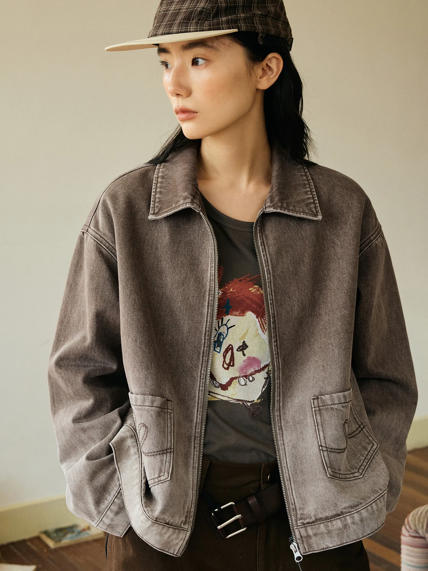 

Octopusme Women's Loose Fit ort Denim Jaet Vintage Waed Cotton Blend Spring Outerwear Casual Lazy Sle Top