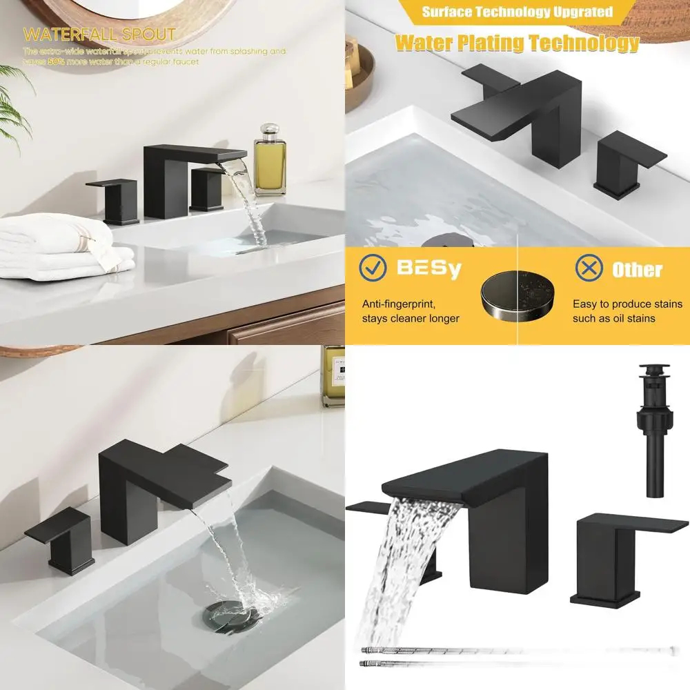 8 صنبور حوض حمام أسود غير لامع بثلاث فتحات على نطاق واسع مع صنبور شلال، مقابض مزدوجة، خراطيم CUPC، استنزاف منبثق، ستانلس ستيل #1