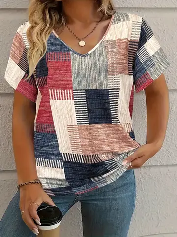 여름 격자 무늬 여성 v 넥 티셔츠 야외 캐주얼 반소매 탑 격자 무늬 프린트 트렌디 Peplum OverSize 여성 의류