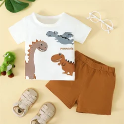 0-3 Years Infant Baby Boy 2PCS Set Cartoon Dinosaur White Short Sleeve Top+Brown Shorts Cute Sport Style Handsome Fashion Outfit