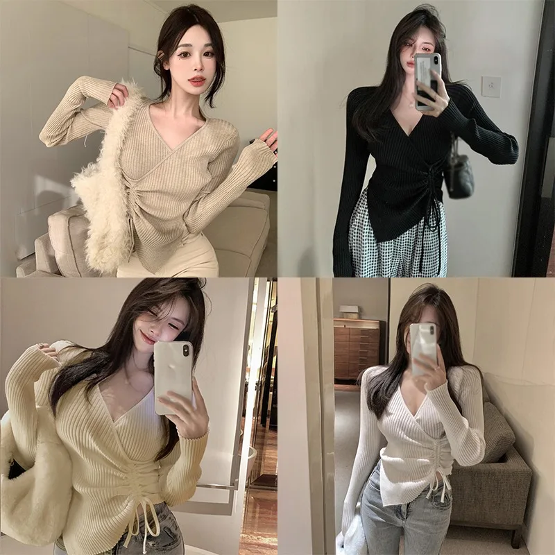 Summer Women\'s Pleated Drawstring Sweater V-Neck Slimming Slit Sweater Minimalist Style Versatile Solid Color Sweater