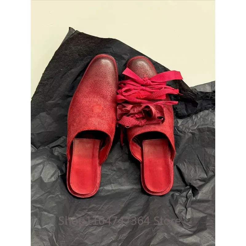 Retro Red Genuine Leather Half Slippers Women's Shoes Spring Summer Fashion Casual Outdoor Slip on Rose Bow Sandals Female