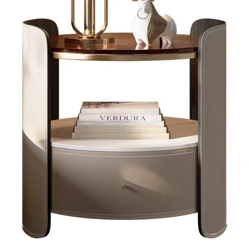 

leather round bedside table, modern small apartment high-end, solid wood chest bedroom, bedside table storage cabinet