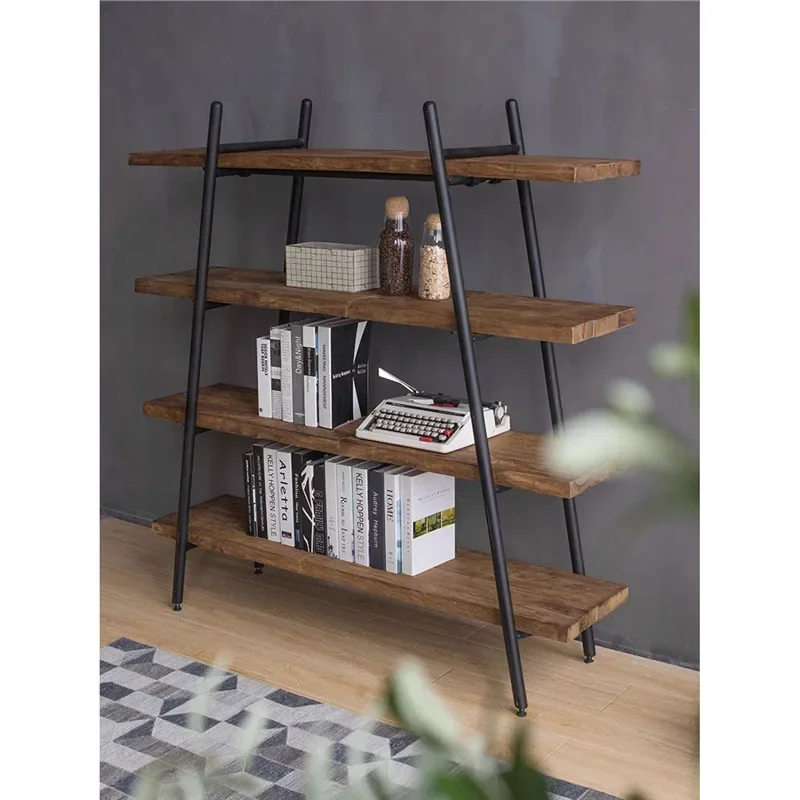 log bookshelf, wrought iron shelf, floor-to-ceiling against the wall, simple solid wood living room, multi-layer one-word board