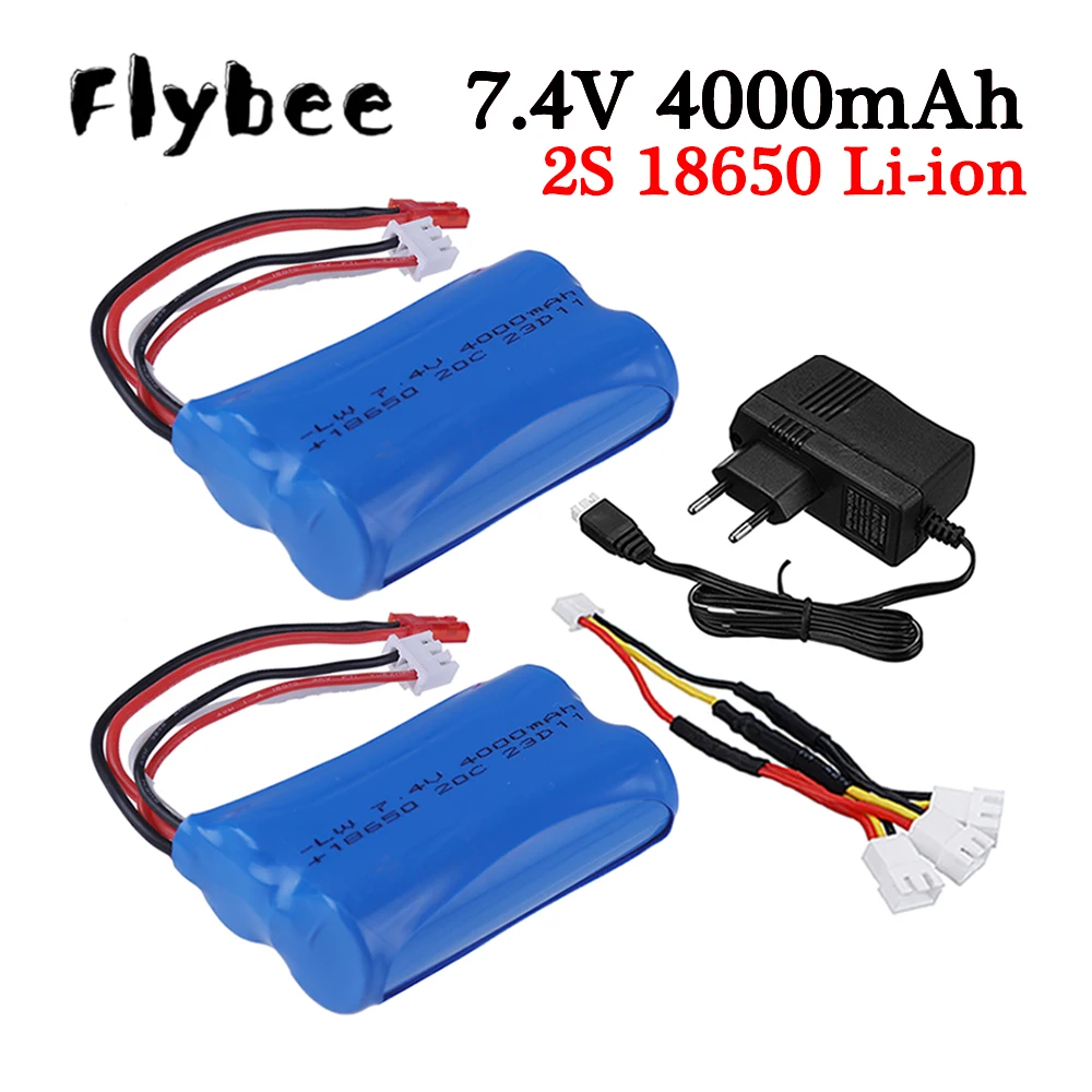 Batterie pour voitures de course télécommandées, camions, bateaux, jouets électriques, 2S, 7.4V, 4000mAh, 18650, batterie ion Eddie avec prise JST et chargeur