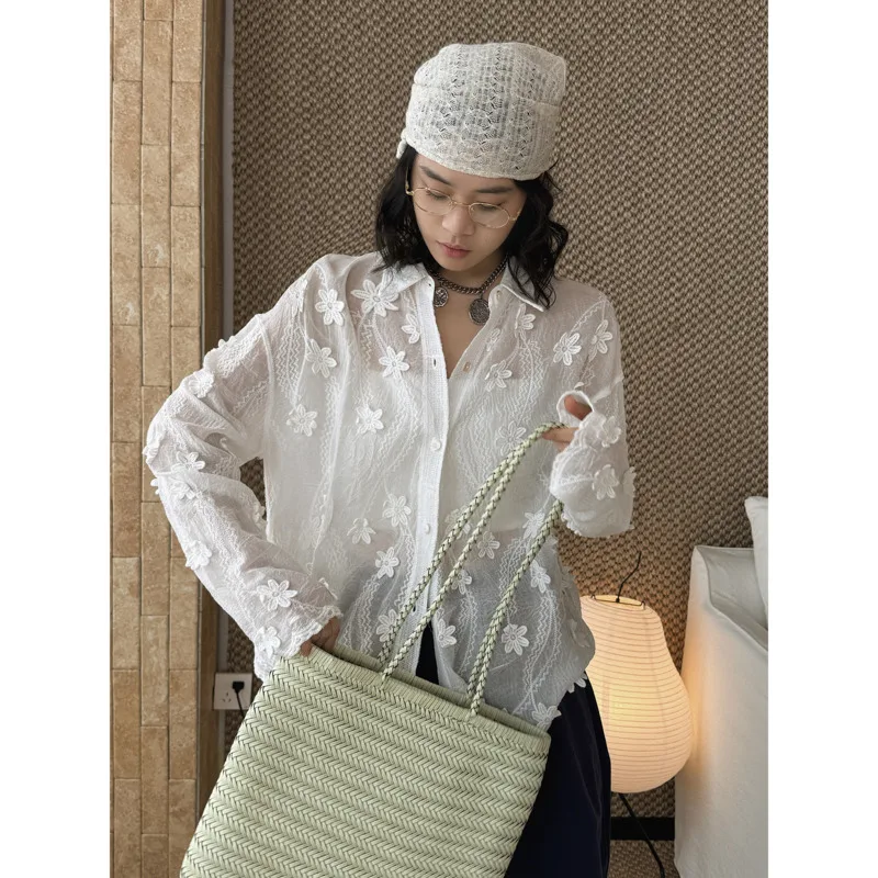 

Spring 3D Flower Embroidery Shirts Women Turn Down Collar Loose Slightly Transparent Korean Shirt