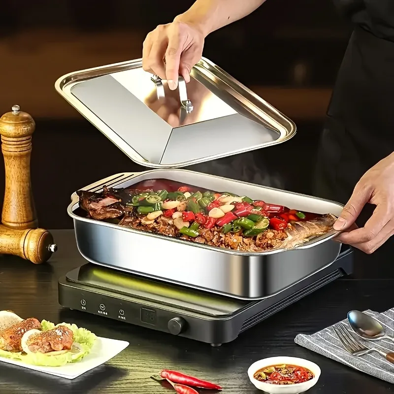 Bandeja para Asar de Acero Inoxidable con Tapa, Antiadherente, para Barbacoa, Camping, Accesorios de Cocina, Utensilios, Bandeja para Hornear, Bandeja para Buffet