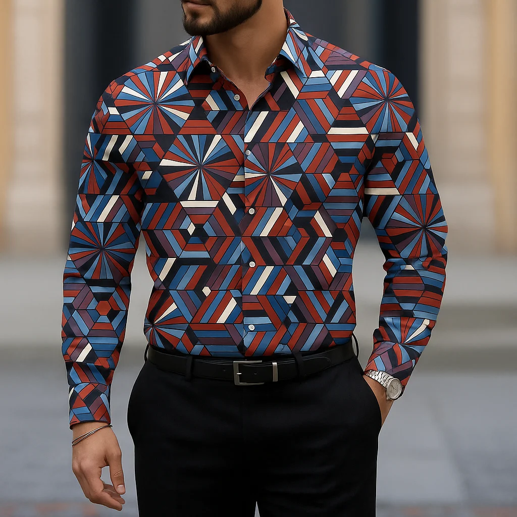 Men Long‑Sleeve Button‑Down Shirt Retro Geometric Triangle Mosaic Full Print Polyester Lapel Collar Casual Party Top
