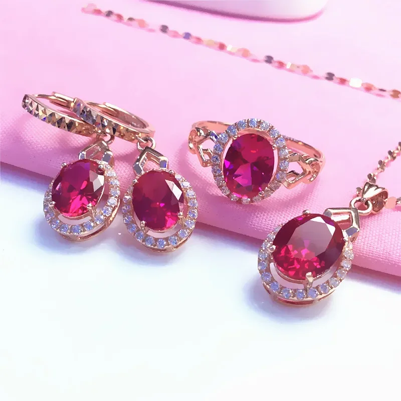 Delicate Ruby Jewelry Set Earrings for Women Plated 14k Rose Gold Classic Elegant Sweet Engagement Rings Necklaces