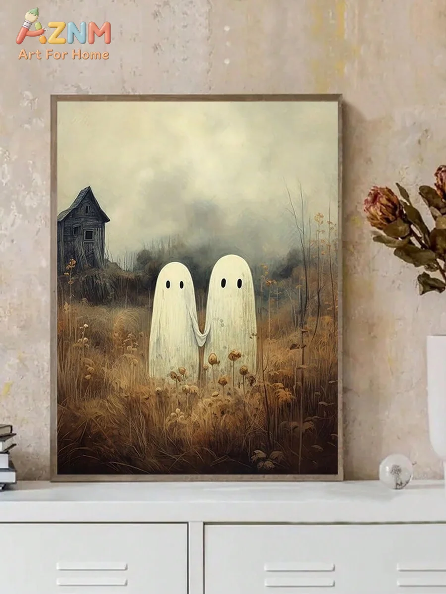 AZNM Cute Hand‑holding Ghost Old Hut Wild Grass Vintage Halloween Canvas Wall Art, Spooky Rustic Frameless Canvas Print Poster f