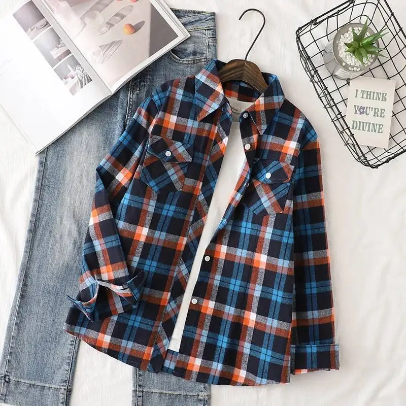 Katoen Flanel Plaid Shirts Vrouwen 2024 Herfst Nieuwe Vrouwelijke Casual Slim Fit Lange Mouw Blouses & Tops Dames Geruite Kleding