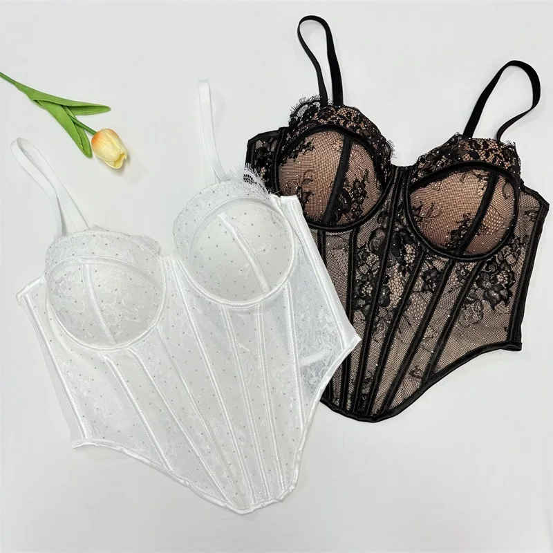 Luxury Crystals Lace Women Bra Top 1 Piece Corset Underwear Sexy Stripe Sweetheart Formal Wedding Guest Birthday Outfit
