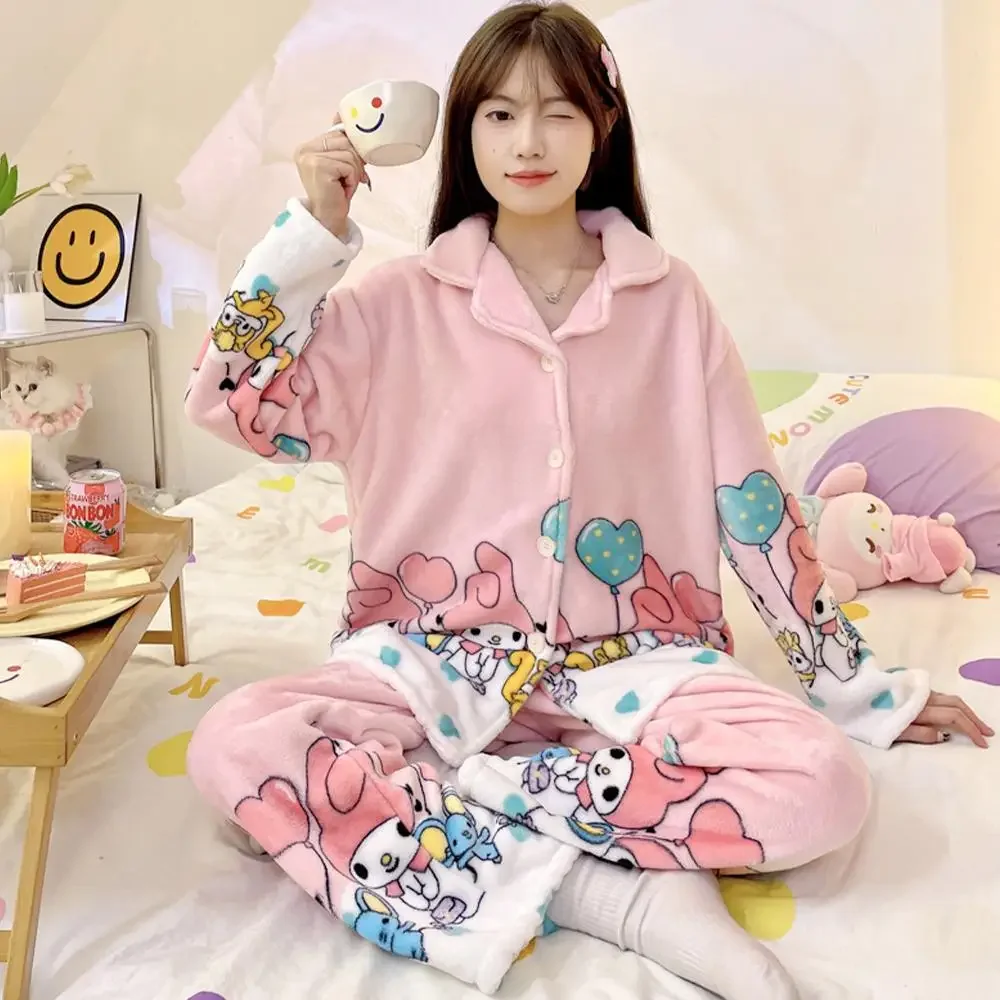 Cute Cartoon My Melody Pajamas Suit Sanrioed Anime Kawaii Plush Spring Winter Flannel Homewear Women Girls Warm Soft Nightwear