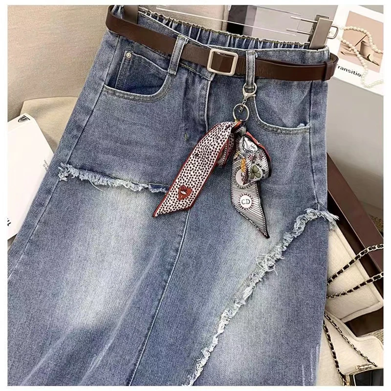 2024 New High waisted Denim Skirt 5XL Women Slim Vintage Tassel Jeans A-line Skirts Casual Women\'s Long Skirt Street Clothing