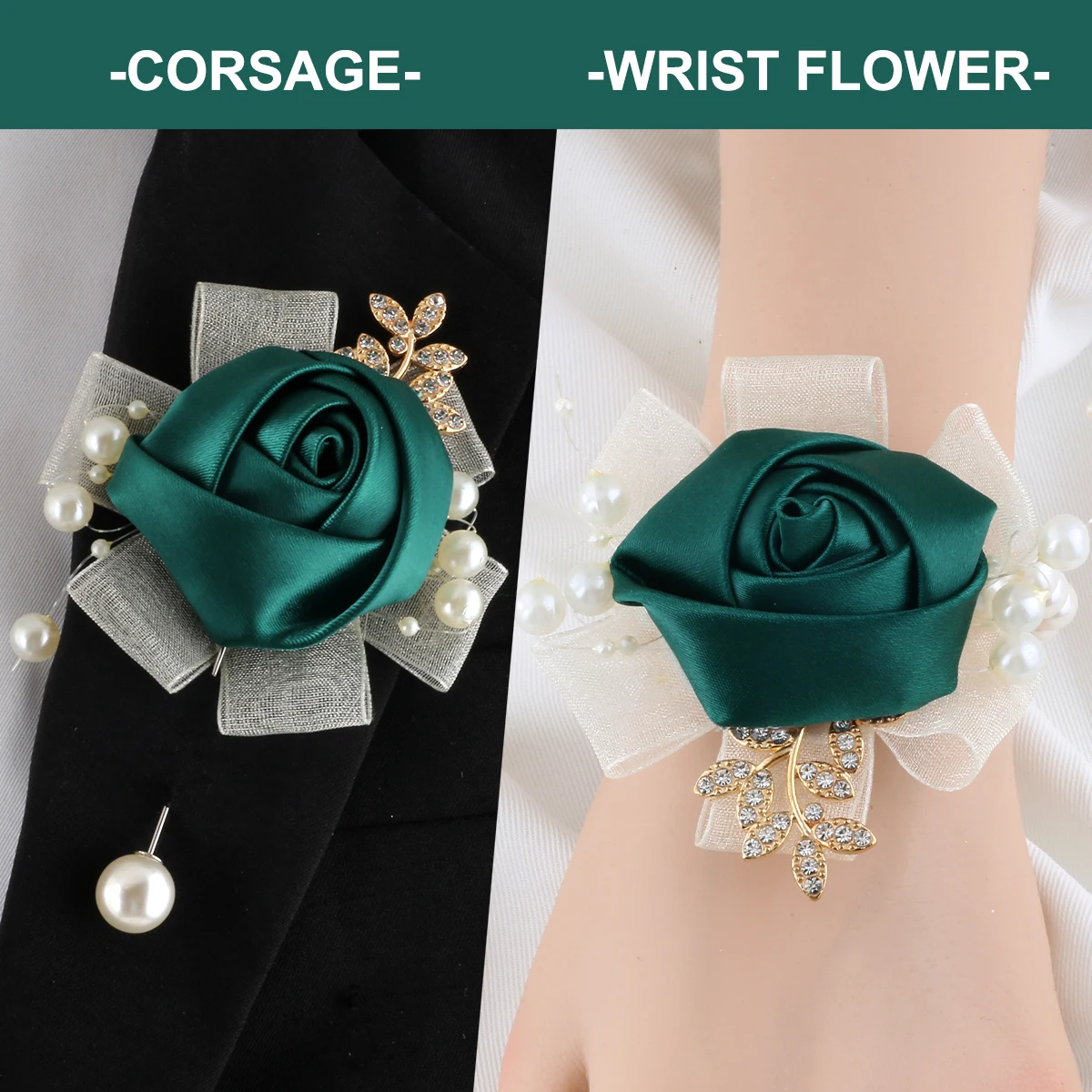 

Bridal Wedding Party Bracelet Elegant dark green Gold leaf Pearl Rheinster corsage Wrist Floral set wedding accessories XH716A