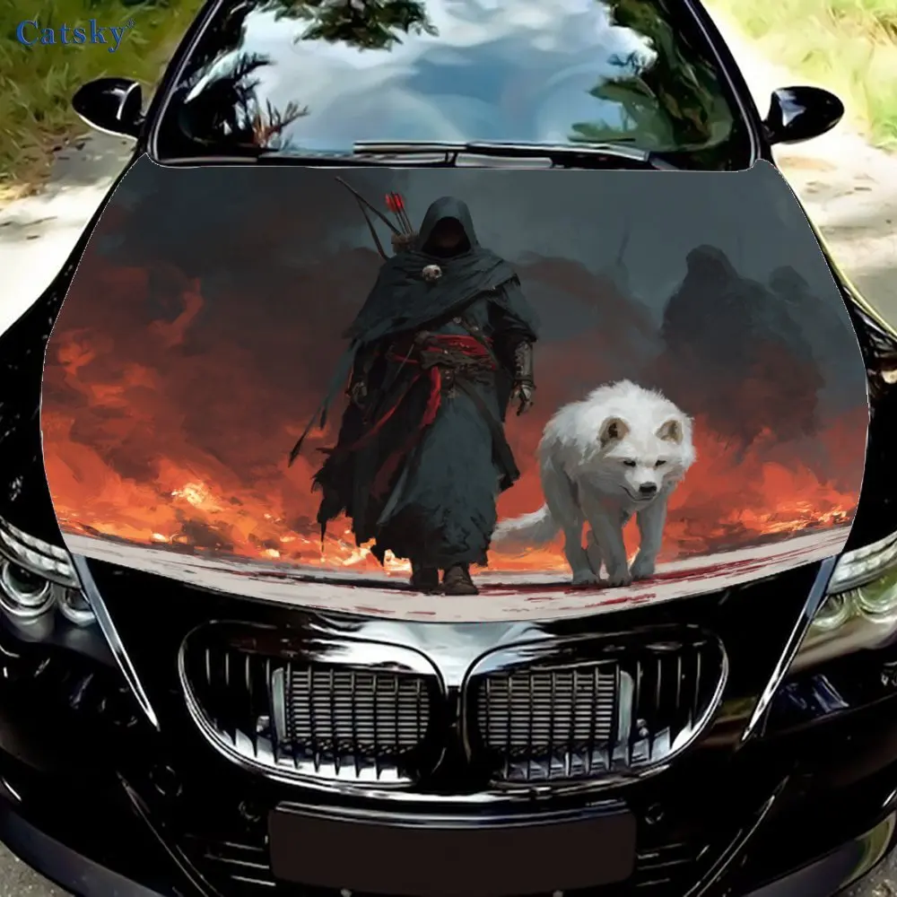 

Assassin And White Wolf Car Hood Vinyl Wraps Sticker, Auto Exterior Protective Sticker, Waterproof Self-adhesive Car Packaging C