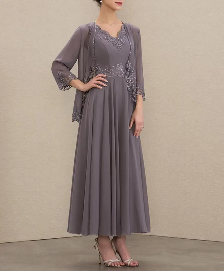 فساتين أم العروس مزخرفة مكونة من قطعتين من الشيفون للحفلات الراقصة فستان سهرة طويل على شكل حرف A لحفلات الزفاف الرسمية #1