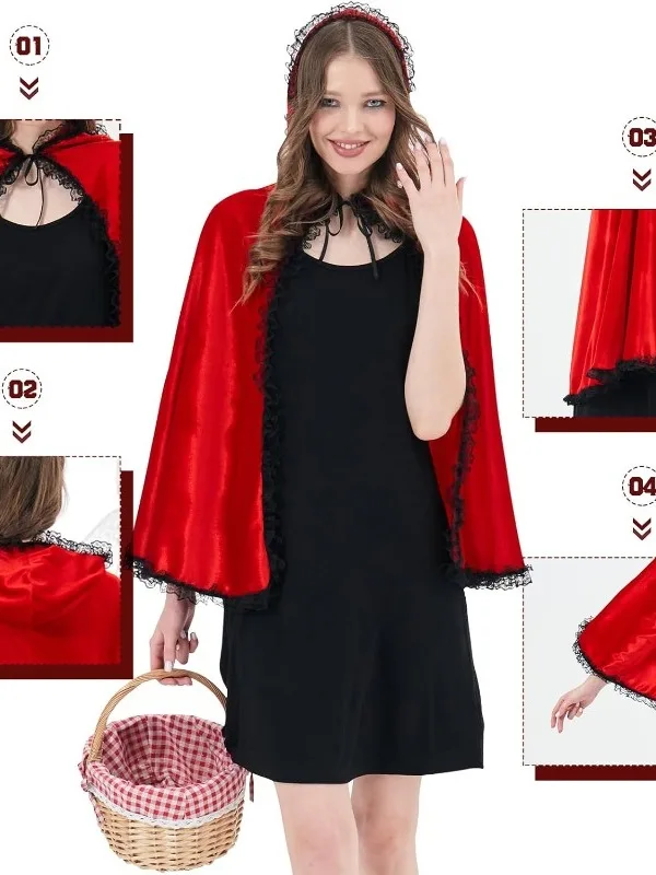 Red Lace Short Coat Halloween Velvet Shawl Outerwear Role-playing Cos Little Red Riding Hood Stage Costume Chinese Ethnic Wom...