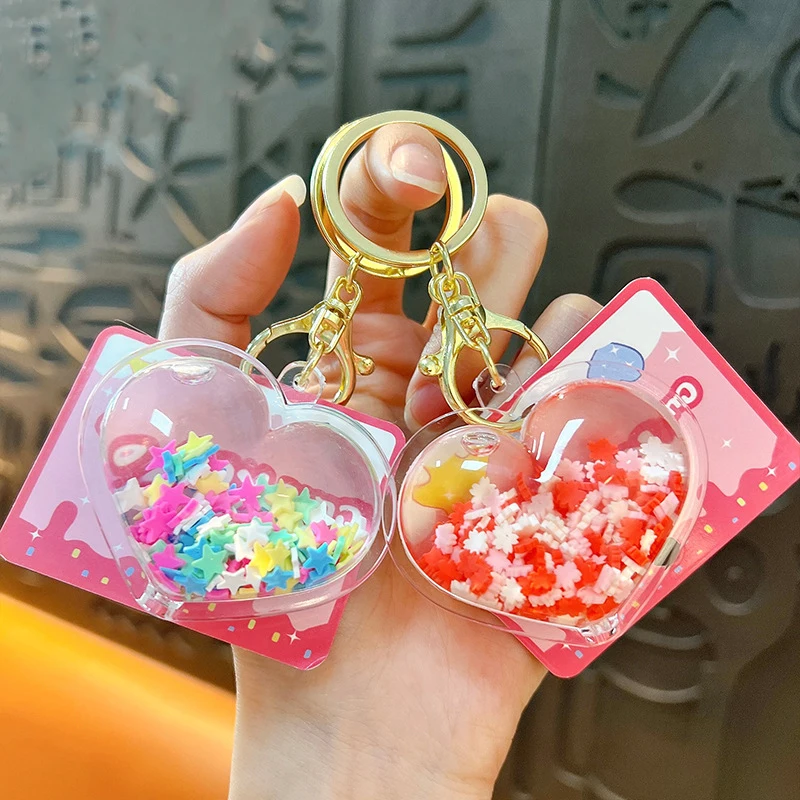 Cute Love Heart Color Mickey Head Star Quicksand Bottle Keychain Liquid Floating Sakura Bow Sequin Love Bottle Pendant Key Chain