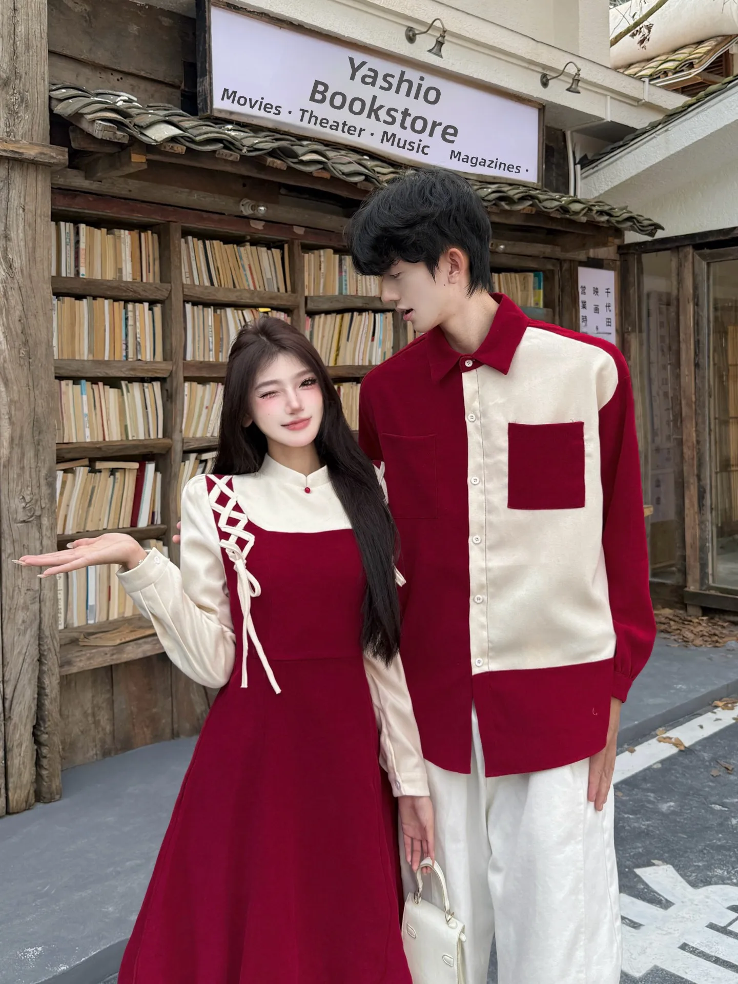Red Fake Two-Piece Dress Couple Outfit Engagement Marriage Return Home Ceremony Autumn Winter Standard Fit Long Sleeve Shirt