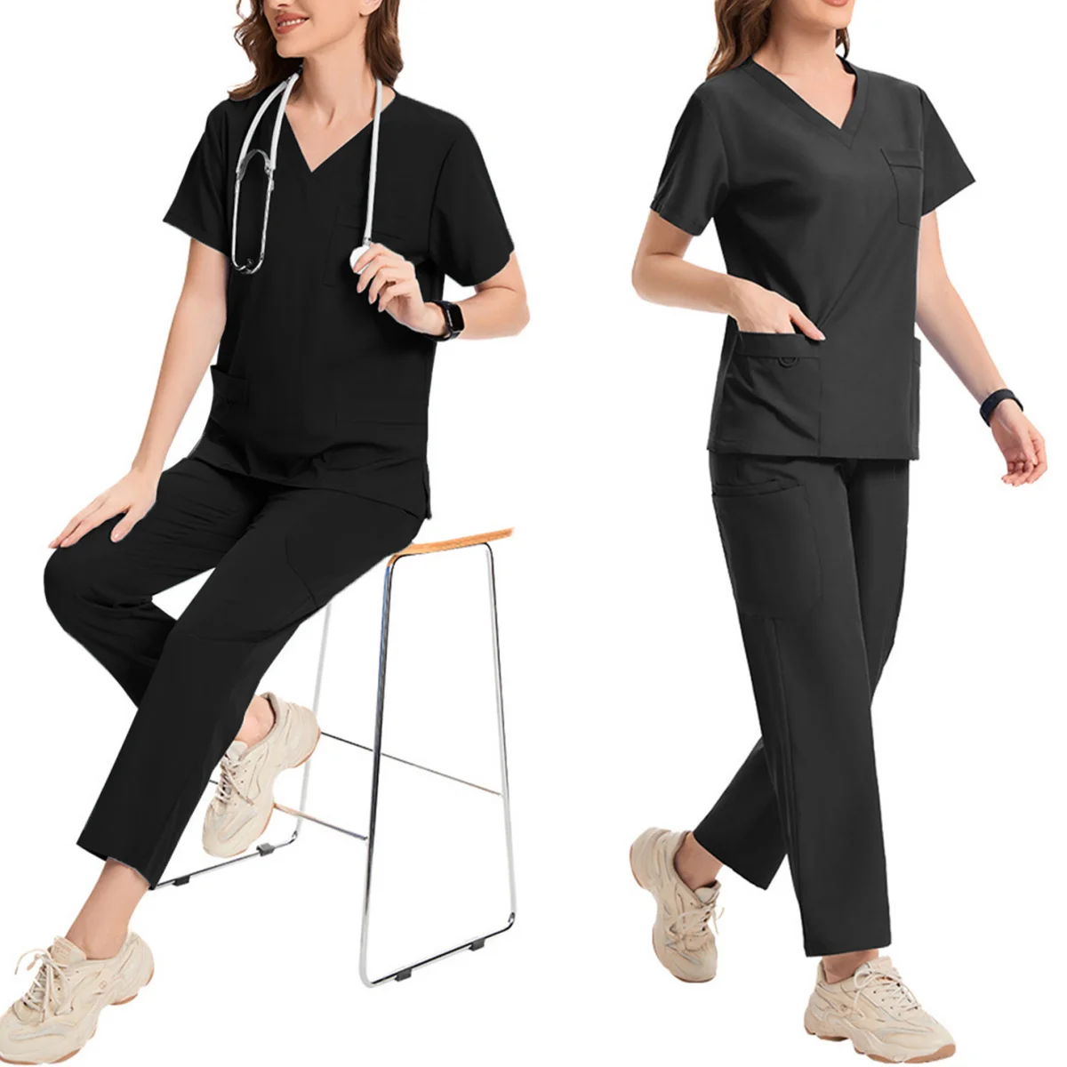 

Женские наборы скрабов с V-образным вырезом, однотонная унисекс, быстросохнущая медицинская униформа, одежда для врачей и медсестер, салон красоты, больничная работа, комплект из 2 предметов