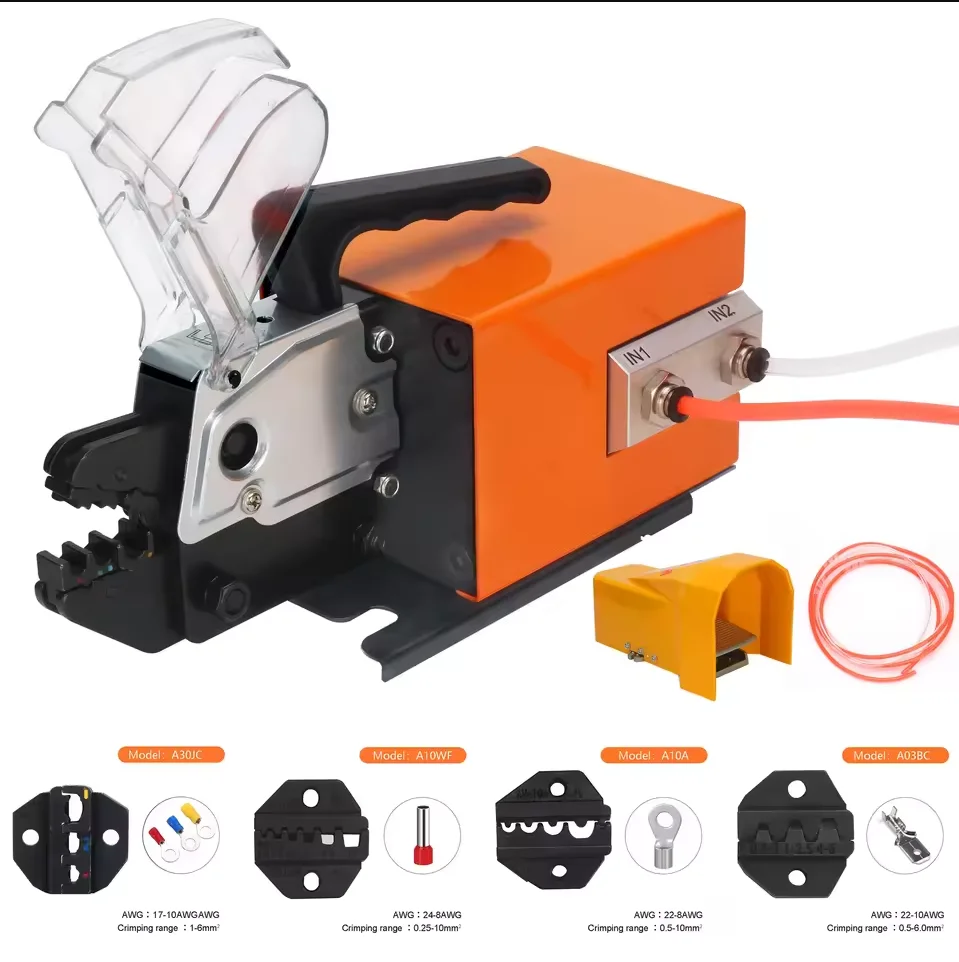 New AM-10 Pneumatic Terminal Crimping Machine Tool Cold Press Insulated Tube Terminal Crimper With 14 Die Sets with Foot Touch
