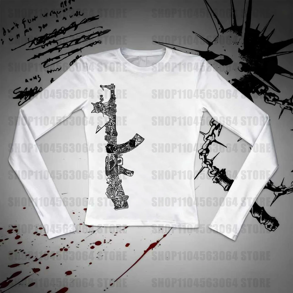 Y2K Harajuku retro street style gothic punk printed women's long sleeved T-shirt casual slim fit sexy fashionable decadent girl'