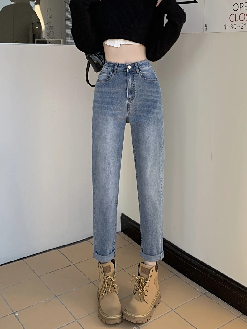 High Waist plus Size Straight Leg Jeans Women's Autumn New Sle Slimming Loose ort Nine Points Harlan Old Dad Pants