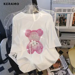 2023 New Fashion Casual 3D Decoration Floral Print Short Sleeve Loose Fit T-shirt Summer Women's Vintage Sweet Casual Tees Top