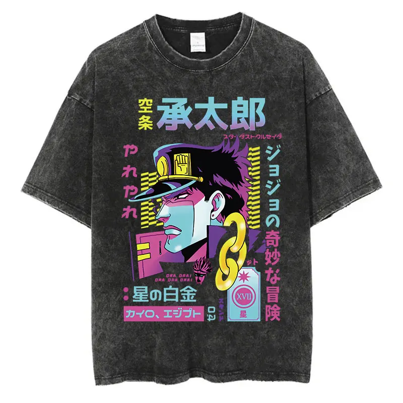 Vintage Washed TShirt Men Summer Hip Hop Streetwear T-shirt JoJo Bizarre Adventure Anime Print Cotton Casual Short Sleeve Tshirt