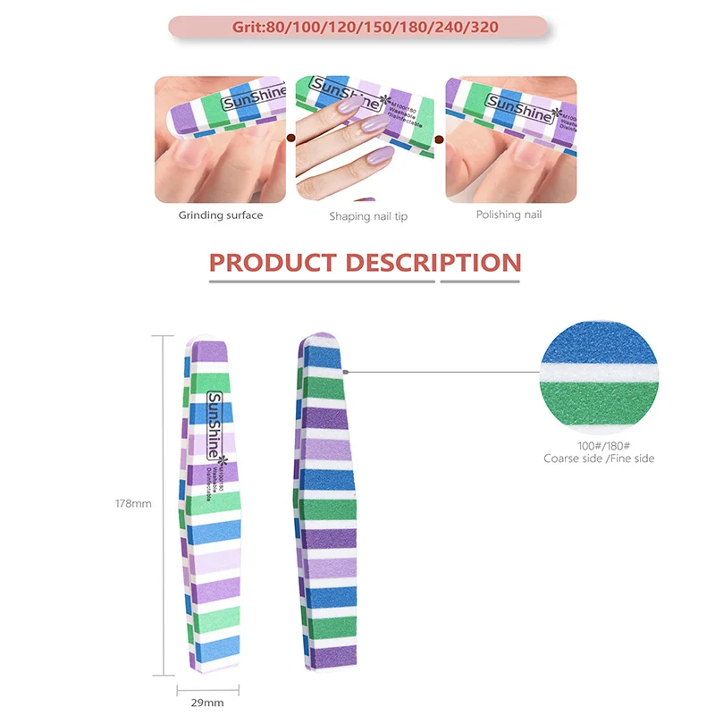 SunShine 10pcs Rhombus เล็บไฟล์บัฟเฟอร์ 100/180 กรวดคู่เล็บไฟล์ล้างทําความสะอาดได้ Pedicure เล็บเครื่องมือเล็บเจลขัด