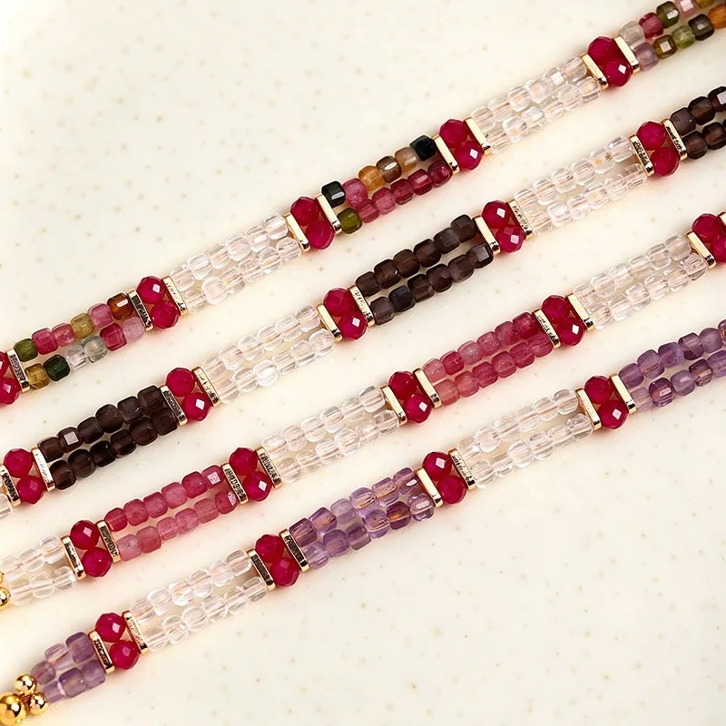 Chinese Style Lucky Blessing Faceted Square Crystal Bracelet For Women Tourmaline Amethyst Obsidian Fortune Bringing Nice Jewelr