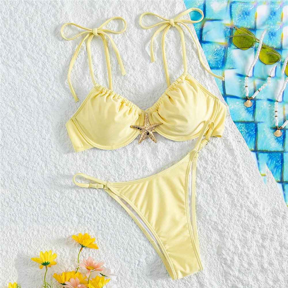 

Светло-желтый металлический бикини с морской звездой, купальник с эффектом пуш-ап, микро-стринги, сексуальный купальник, женский купальник 2025 на шнуровке, купальный костюм, комплект бикини