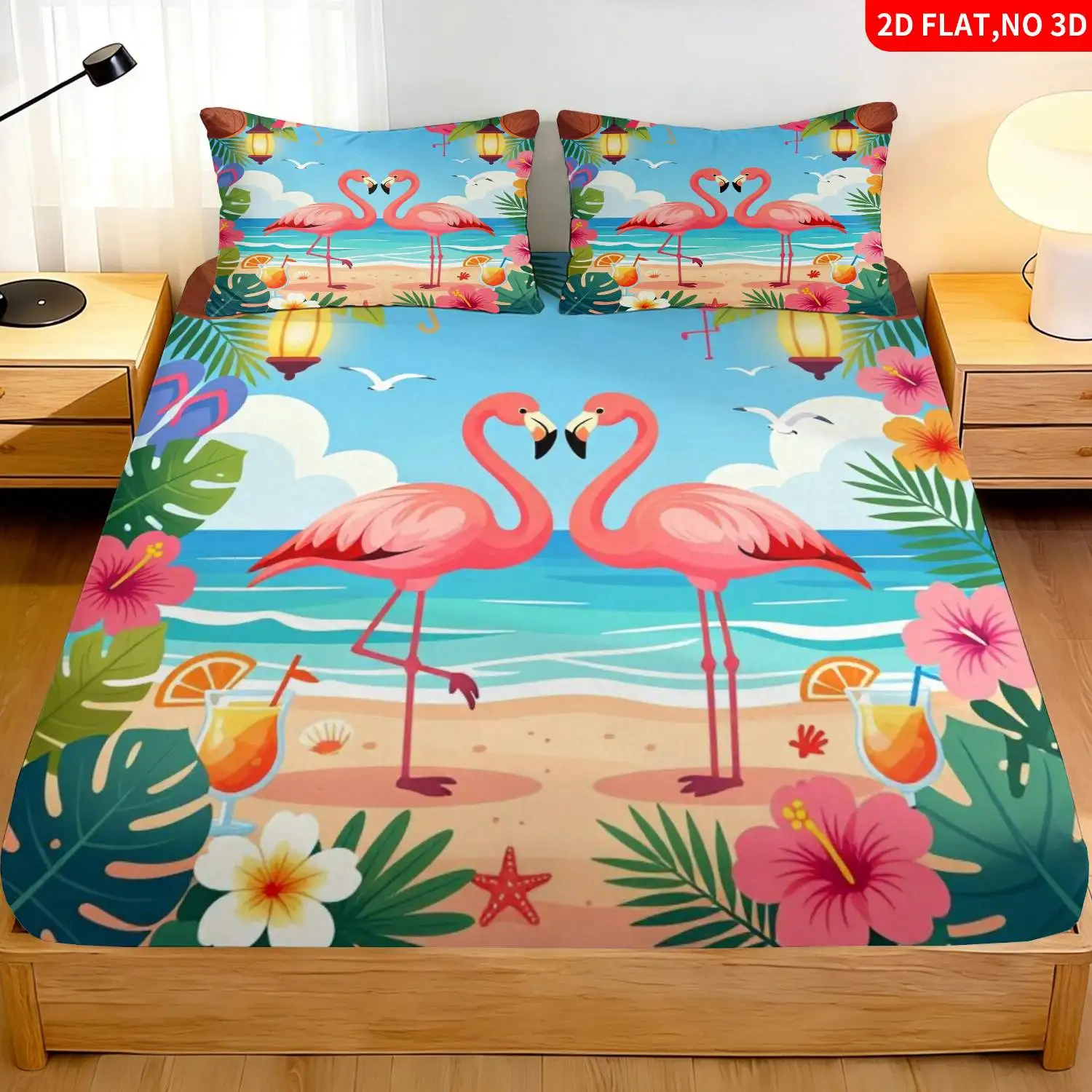 Juego de Ropa de Cama con Temática de Flamencos Tropicales, Rosa, Estampado de Palmeras y Cocos, Decoración para el Hogar para Vacaciones de Verano, Juego de Cama de 3 Piezas para Hotel/Resort, Sábana Ajustable con Bolsillos Profundos y Estampado 2D, 2 Fundas de Almohada, Diseño Lavable a Máquina, Decoración Festiva, Varios Tamaños, Protector Transpirable, Incluye Fundas de Almohada