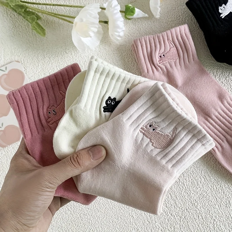 5 أزواج من جوارب القطط المطرزة للأطفال، جوارب قطط مطرزة لطيفة، كرتونية متعددة الاستخدامات، طراز جامعي