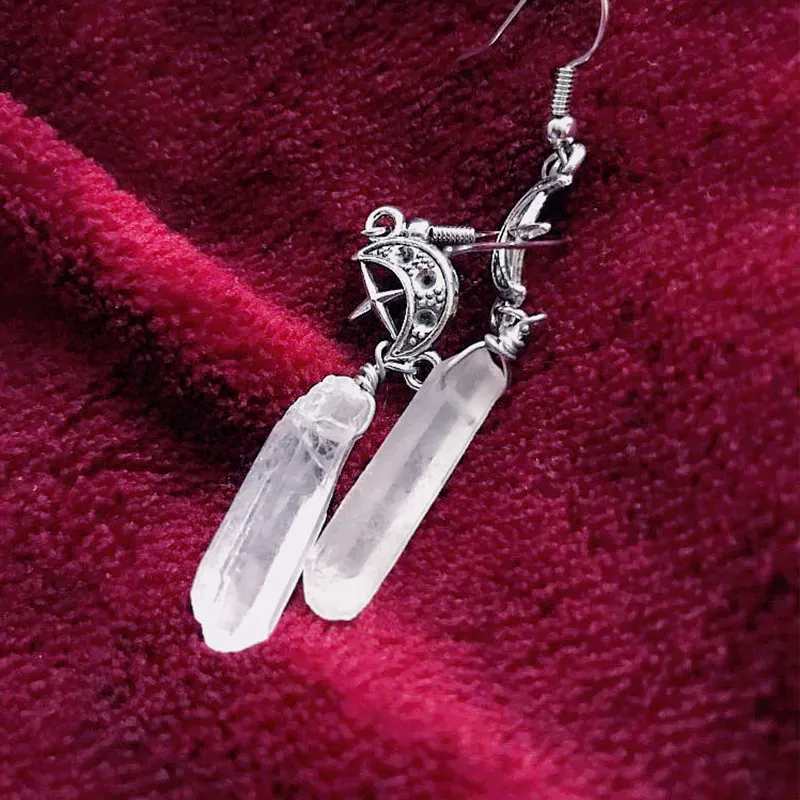 غير النظامية واضح الكوارتز القمر أقراط-بوهو ، الساحر ، الأحجار الطبيعية ، الباطني ، السماوية ، البديل ، القوطية ، رومانسية. ستار هدية #2