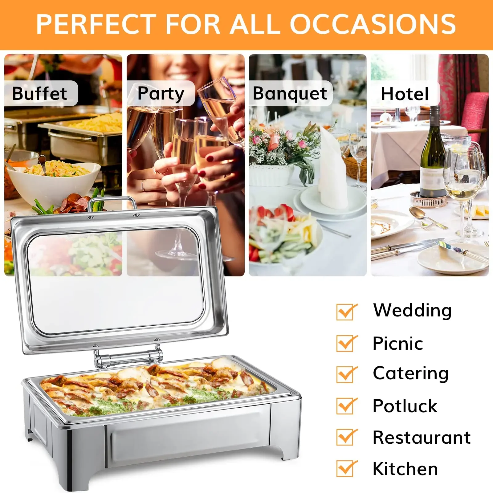 Stainless Steel Commercial for Catering Electric Buffet Food Warmer Set Display Heater, Glass Round Chafing Dish Pour Buffet Set